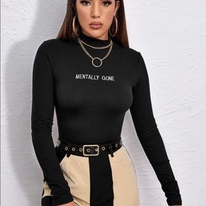 Mock Neck Letter Embroidered Rib-Knit Tee.